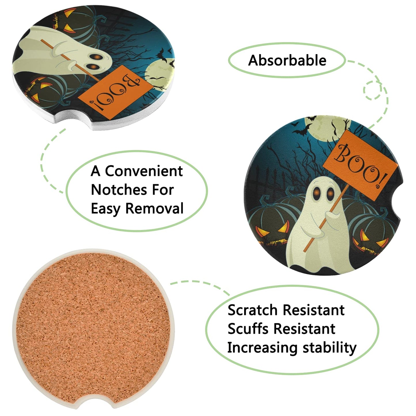 Halloween Cute Ghost Car Coasters for Cup Holder Drinks 2 Pcs Absorbent Ceramic Coasters with Cork Base for Universal Car Cupholders