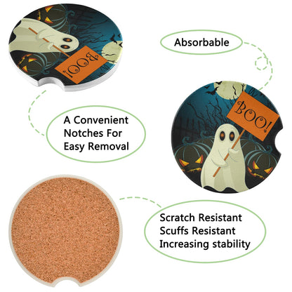 Halloween Cute Ghost Car Coasters for Cup Holder Drinks 2 Pcs Absorbent Ceramic Coasters with Cork Base for Universal Car Cupholders