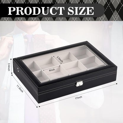 AceOrbit Luxury Tie Display Case with Glass Lid – 12 Slot Organizer for Men's Ties, Belts & Accessories, Lockable Dresser Storage Box, Elegant Gift for Husband or Father