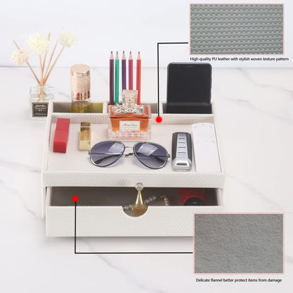SYRWDXTX Leather Desk Organizer With Drawers, Home Cosmetics & Phone Remote Organizer, Drawer Plus Divider & Tray (white)
