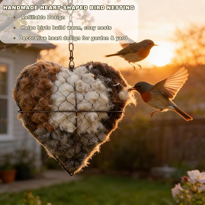Handmade Alpaca Fiber Bird Nesting Heart, Alpaca Bird Nesting Material, Refillable Birds Haven, Winter Fowl Gifts Animal Hummingbirds Lovers Home Garden Yard