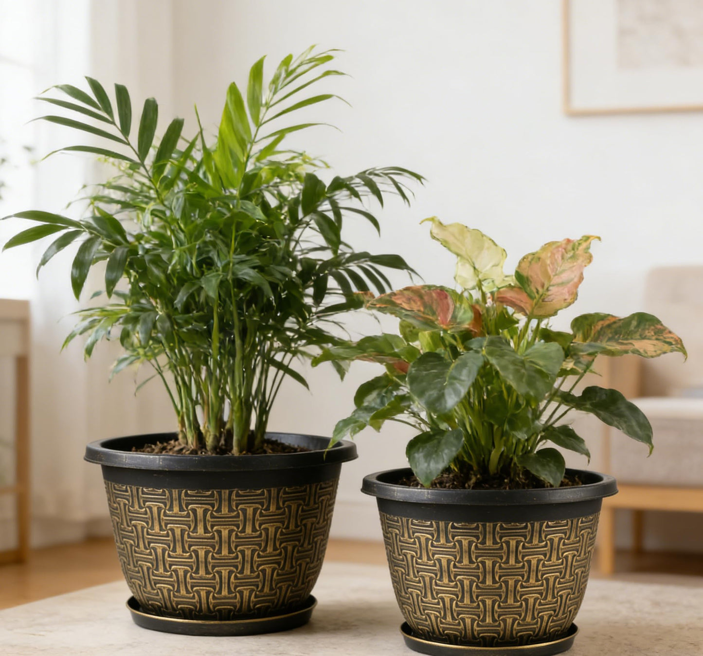 Nooulap 10 Inch 4 Pack Flower Pots for Outdoor, Plant Pots Outdoor with Drainage Holes and Trays, Retro Antique Imitation Plastic Garden Pots for Planter Indoor (Gold)