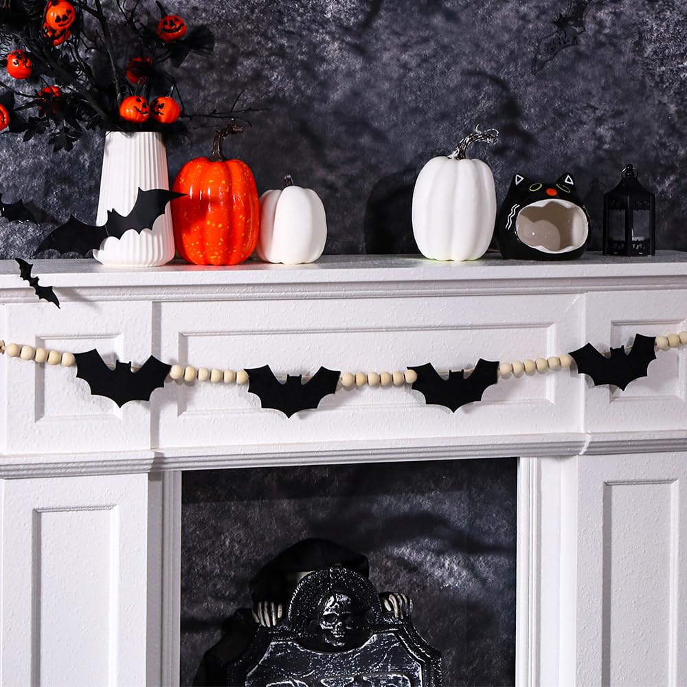 Vellibring 6.56Ft Halloween Garlands Decorations,Spooky Black Felt Bats Garland with Wooden Beads Halloween Adjustable Farmhouse Banner for Room Indoor Party Wall Fireplace Doorway Decor