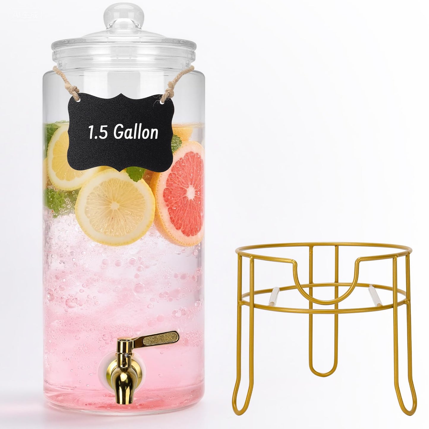 Glass Drink Dispensers For Parties, 1.5 Gallon Beverage Dispenser With Glass Airtight Lids, Gold Metal Stand And Stainless Steel Spigot. Lemonade & Juice Dispenser With Chalk board-One Pack