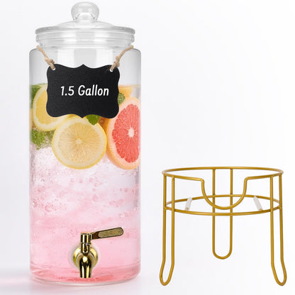 Glass Drink Dispensers For Parties, 1.5 Gallon Beverage Dispenser With Glass Airtight Lids, Gold Metal Stand And Stainless Steel Spigot. Lemonade & Juice Dispenser With Chalk board-One Pack