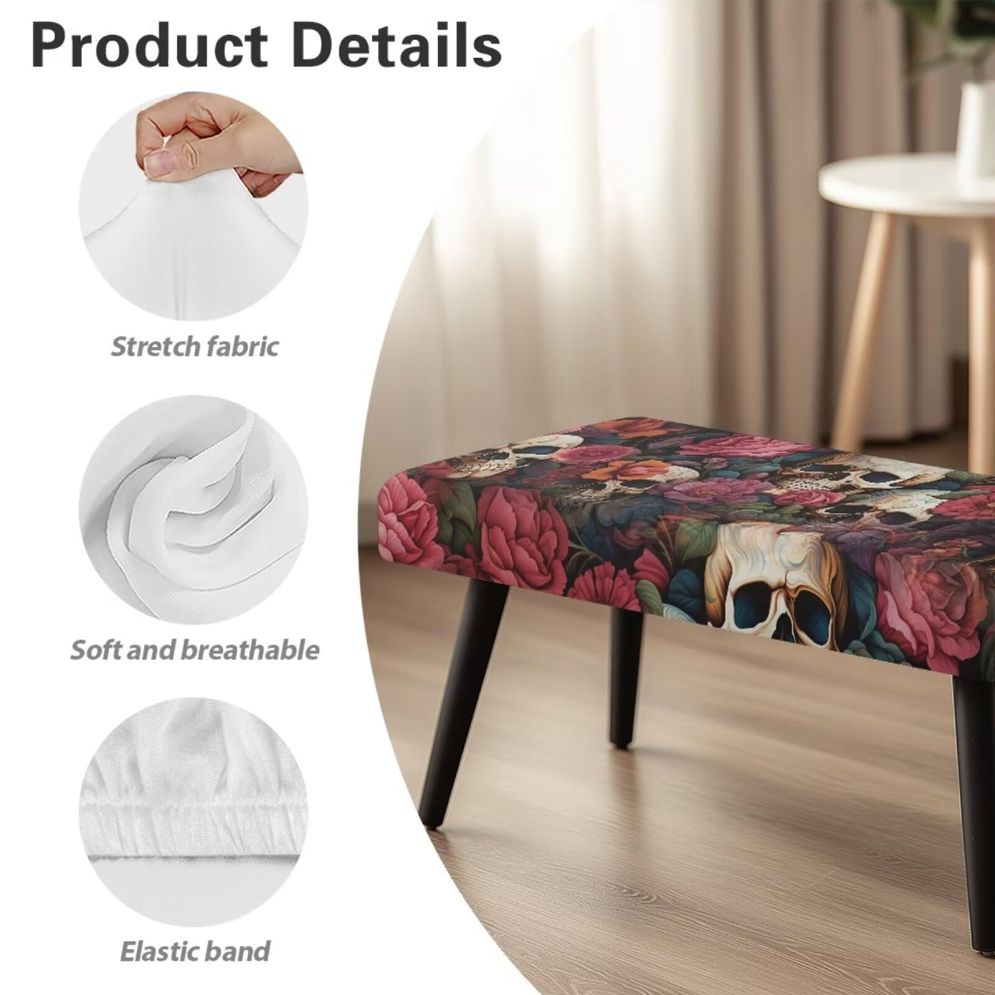 BYOXPUVI Skull Peony Pattern Bench Cover Slipcover,Halloween Decorative Removable Bench Chair Covers Stretch Seat Cushion Protector