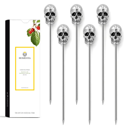 Homestia 6PCS Stainless Steel Skull Cocktail Picks 4.7", Gothic Martini Skewers Set, Reusable Silver Skull Drink Picks for Cocktails Olives Appetizers Halloween Party Holiday Supplies