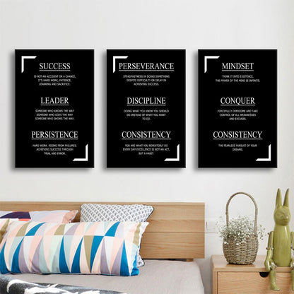 YSPCSUN Triptych Wall Decor Inspirational Posters for Office, Black White Discipline Consistency Quote 3 Panel Canvas Prints for Home Office Dorm Classroom, 48x24 Inch Display