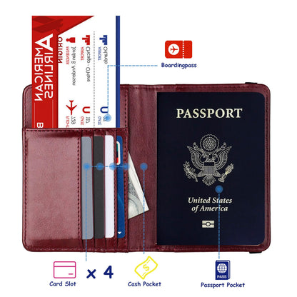 TOURSUIT RFID Blocking Passport Holder for Women Men, Leather Passport Travel Wallet with 3D Metal Badge, Travel Document Organizer Cover Accessories (Rose Red)