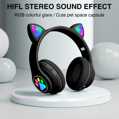 KERHAND Bluetooth Noise Cancelling Headphones for Kids,Foldable Cat Headphone with LED Light Up Ear,Cat Ear Headphones for Toddler with Microphone/TF Card,Kids Bluetooth Headphones for ipad