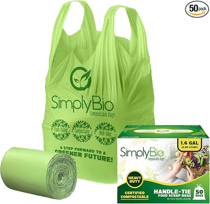 Simply Bio 1.6 Gallon Compostable Trash Bags Liners Handle, Heavy Duty Extra
