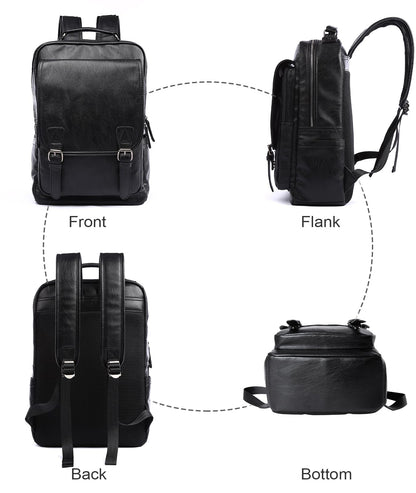 MOYYI Leather Backpack fits 15.6 Inch Laptop Vintage Backpack Waterproof Flap Bookbag for Men Leather Travel Backpack for Men Casual Knapsack Black