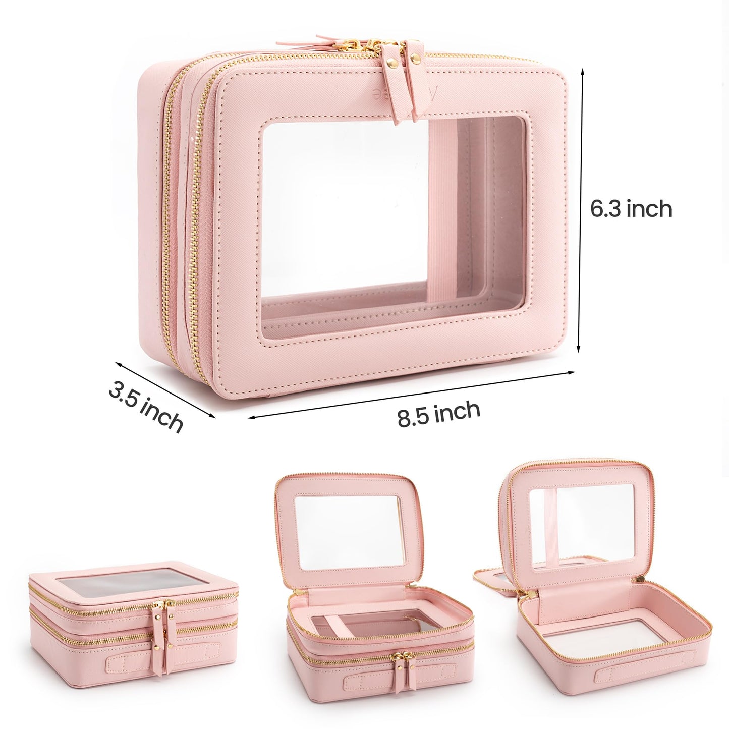 Aveniee XL Clear Makeup Organizer,Double Layer Travel Cosmetic Case with Brush Holder & Zippered Compartments, Large Toiletry Bag Train Case for Women.2 Layers, Pink