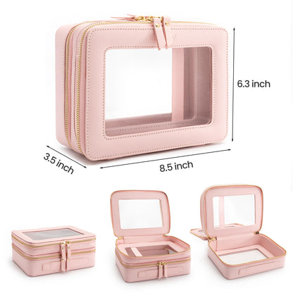 Aveniee XL Clear Makeup Organizer,Double Layer Travel Cosmetic Case with Brush Holder & Zippered Compartments, Large Toiletry Bag Train Case for Women.2 Layers, Pink