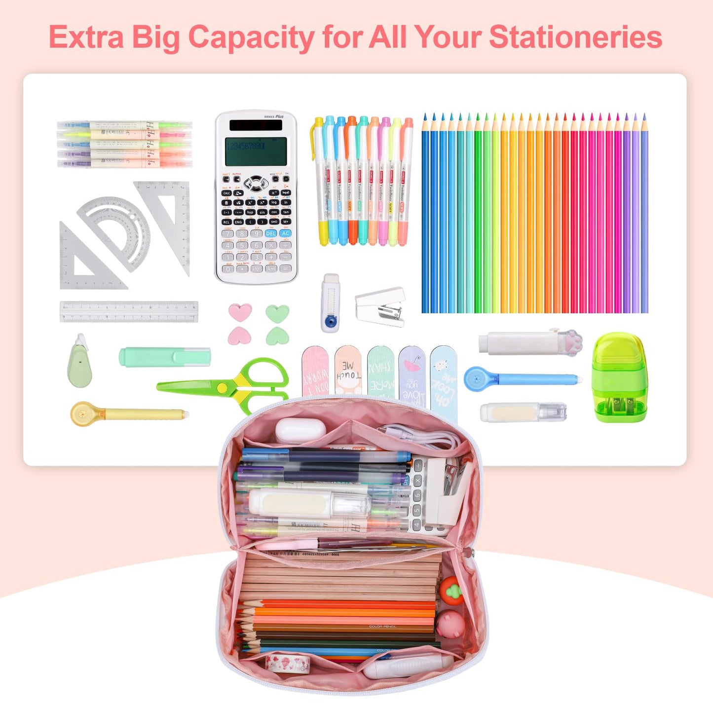 BrainyBees Large Capacity Pencil Case - Pencil Pouch for Teen Girls, Aesthetic Pouch Organizer with 8 Compartments, Wide Opening Marker Bag for Middle High School College, Fits Calculator, Pink