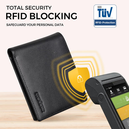 RUNBOX Leather Wallet for Men, Genuine Leather Mens Wallet Bifold Rfid Blocking with 12 Cards and 2 ID Windows, Minimalist Wallet for Men with Gift Box