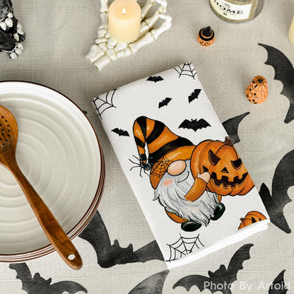 Artoid Mode Pumpkin Gnome Halloween Kitchen Towels Dish Towels, 18x26 Inch Bats Spider Web Jack-O'-Lantern Decoration Hand Towels Set of 2