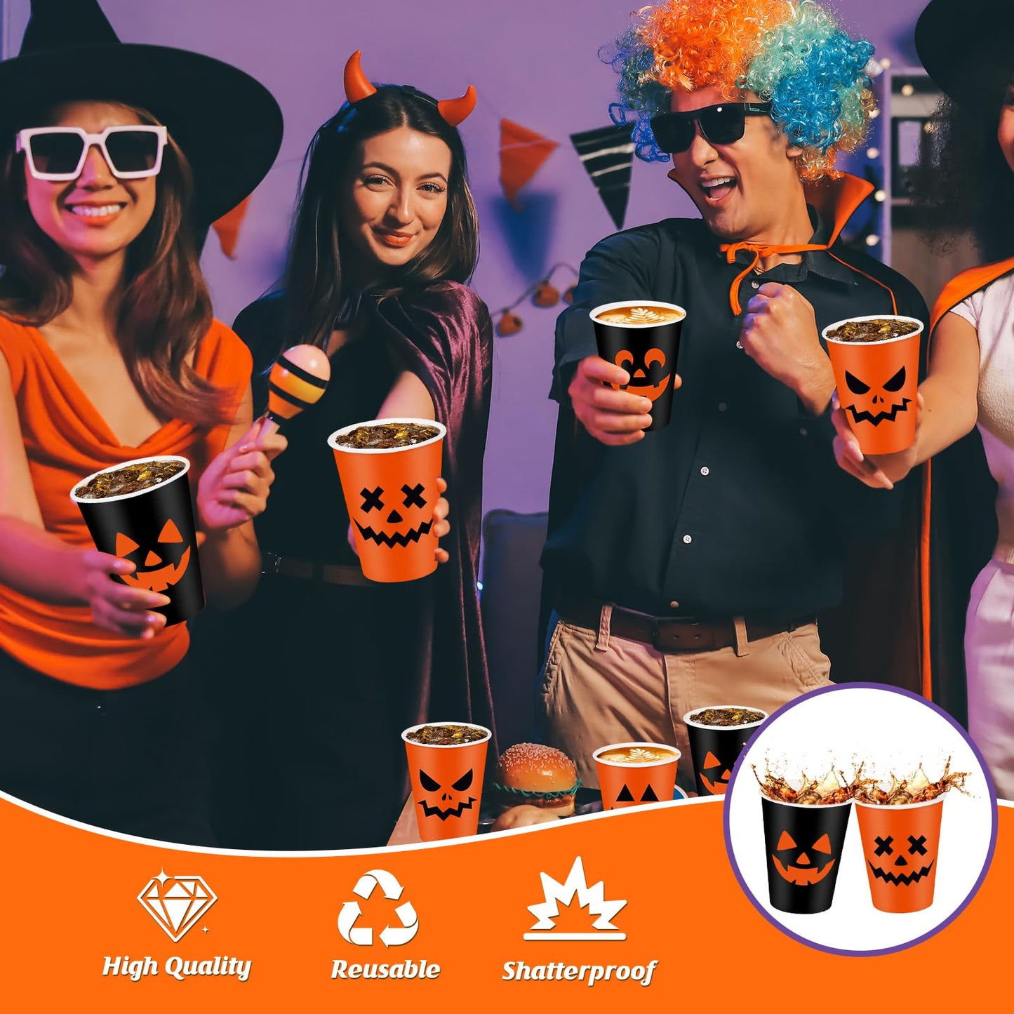 Hauwellter 100 Set Halloween Disposable Coffee Cups with Lids 12oz, Bulk Black Orange Pumpkin Disposable Party Paper Cups for Hot Chocolate Cold Drinks Halloween Birthday Party Supplies Decorations