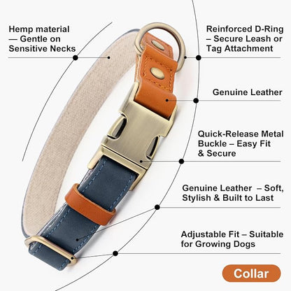 Plutus Pet Genuine Leather & Hemp Dog Collar – Adjustable Heavy Duty Pet Collar with Quick Release Metal Buckle, Soft & Stylish for Puppy and Small, Medium, Large Dogs (Blue, L)