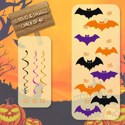 YQUQWN 46 PCS Halloween Bat Hanging Swirl Decorations Black Orange Purple Flying Vampire Bat Ceiling Decor for Kids Halloween Party Door Office Party Supplies