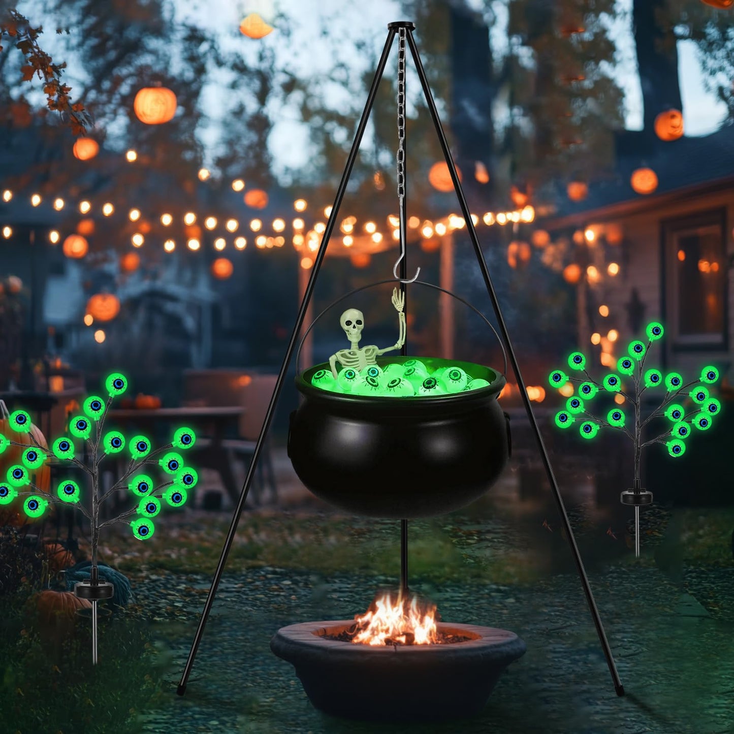 MiniInflat 6 Pack Halloween Decorations Outdoor Included Large Witches Cauldron on Tripod with String Light Eyeball and Skeleton 3 Pcs 6 ft Lighted Witch Stakes 2 Pcs Solar Eyeball Light for Yard Lawn