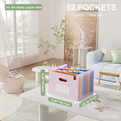 ThinkTex Accordion File Organizer, 12 - Pocket Expanding File Folders Upright & Open Top,for Paper Receipts, Bills&Taxes Organizer, Letter/A4 Size for School, Office, Home with tab-Pinkish Purple