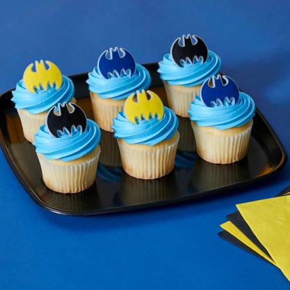 DecoPac Batman Dark Knight Rings, Glow In The Dark Batman Cupcake Decorations, Bat Signal Cake Toppers in Black, Yellow, Blue - 24 Pack