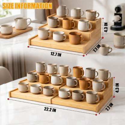Nhohobiy 3-Tier Expandable Bamboo Mug Holder Shelf Rack For Countertop Coffee Cup Holder Display, Pantry Can Organizer for Cabinet, Coffee Bar Organizer for Kitchen
