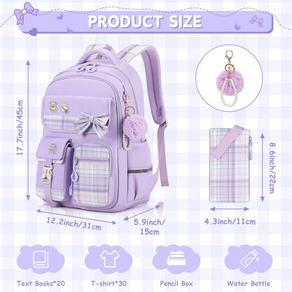 MOONBABY Girls Backpack, Kids Backpack for Girls School Bags with Pen Case, Bow Plaid Book Bag for Elementary Middle Primary High School College, Purple-2pcs