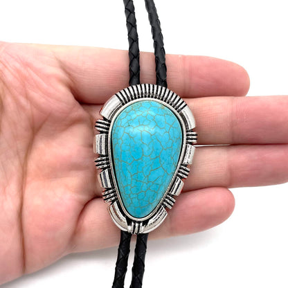 YOQUCOL Droplet Shape Blue Turquoise Stone Bolo Tie Native Western Cowboy Bola Tie Hand-woven Leather Necktie for Men Women