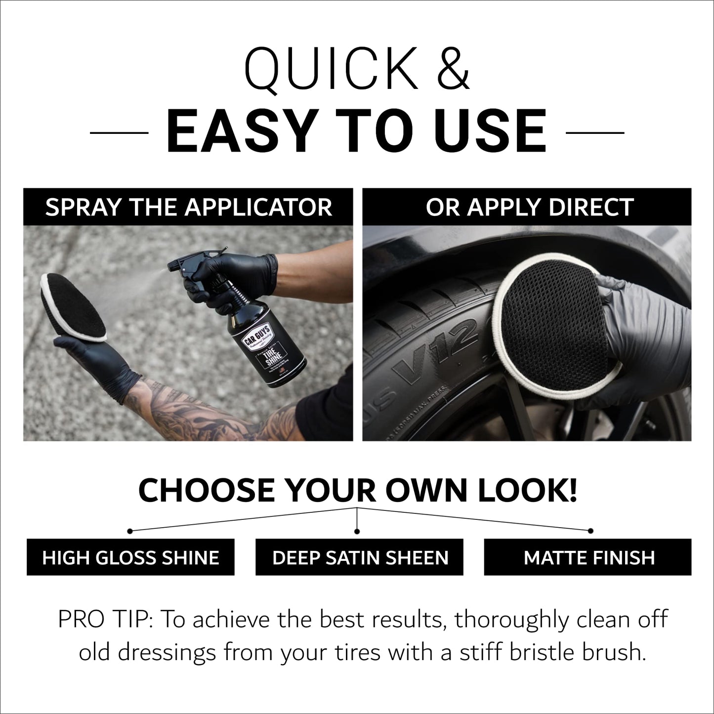 CAR GUYS Tire Shine Spray | High Gloss & Satin Finish | Non-Greasy, UV Protection, Long-Lasting, Quick Drying | Dressing for Black Tires, Wheels, & Rubber | 18oz Kit with Applicator Pad