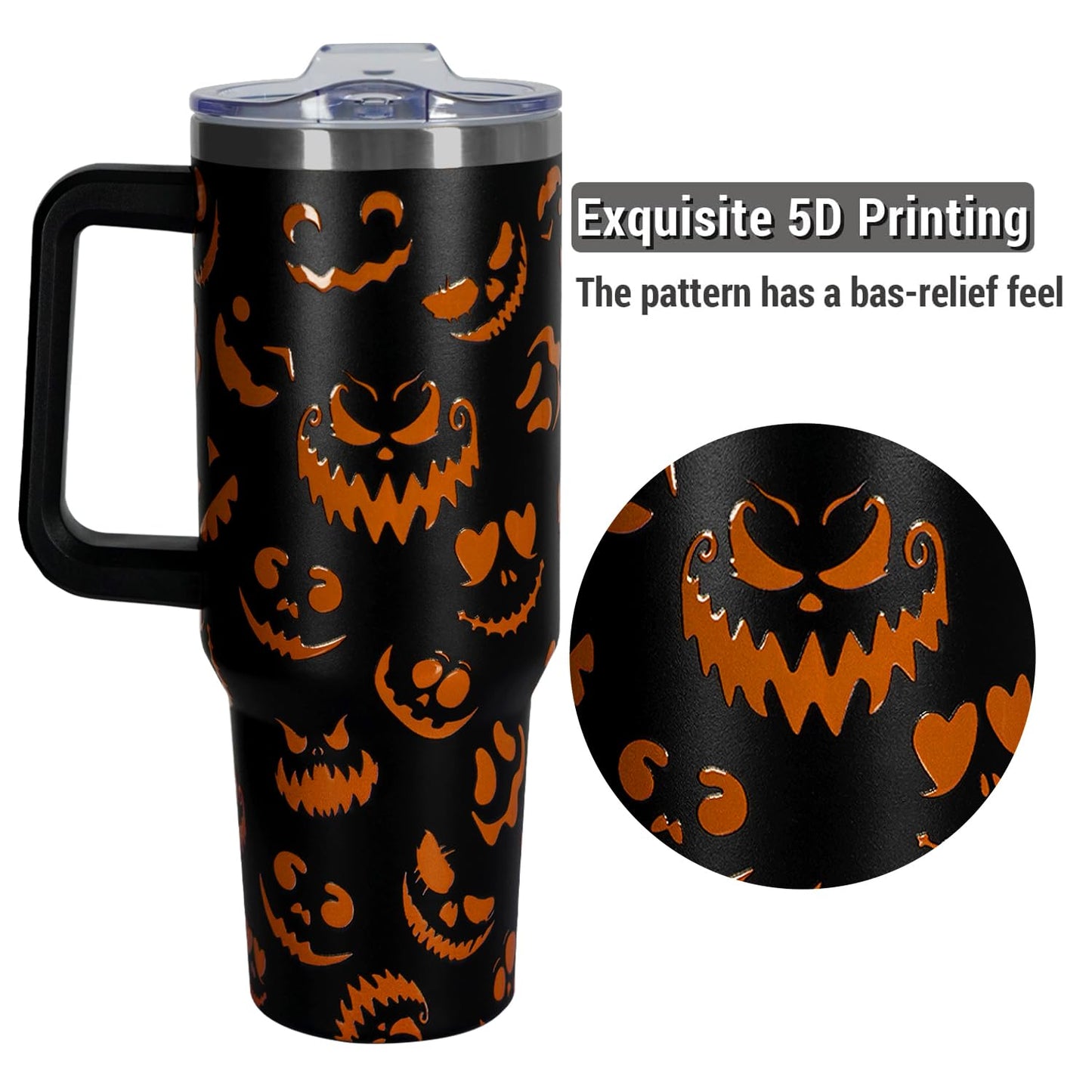 CHOKOMETRY 40 oz Halloween Tumbler With Handle Lid and Straw,5D Orange Pumpkin Ghost Face Print Tumblers,Halloween Stainless Steel Insulated Travel Mug Black Coffee Cup Gifts for Women Men Adults