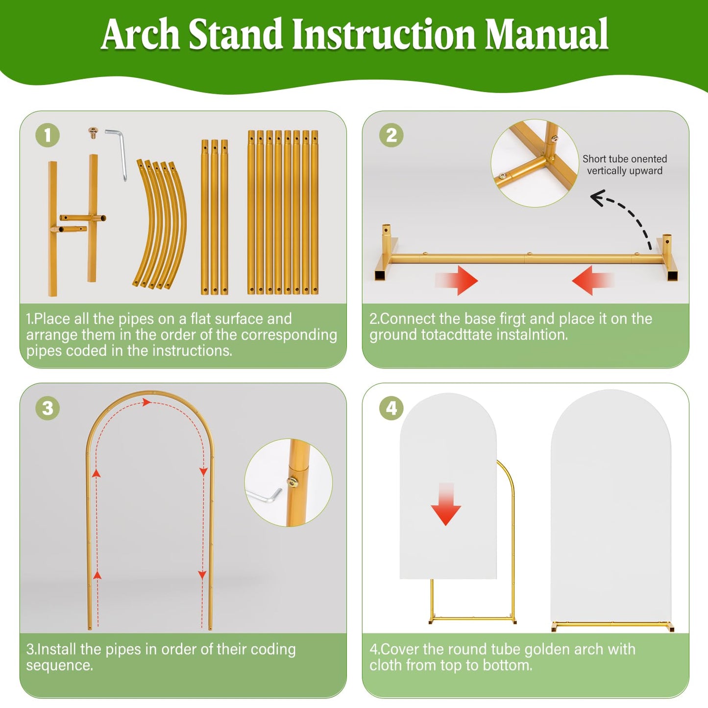 CludPark Arch Backdrop Stand with Cover Set, 7.2FT,6.6FT,6FT Gold Metal Wedding Arch for Ceremony, Heavy Duty Balloon Arch Stand with White Spandex Cover for Birthday Party, Baby Shower, Graduation