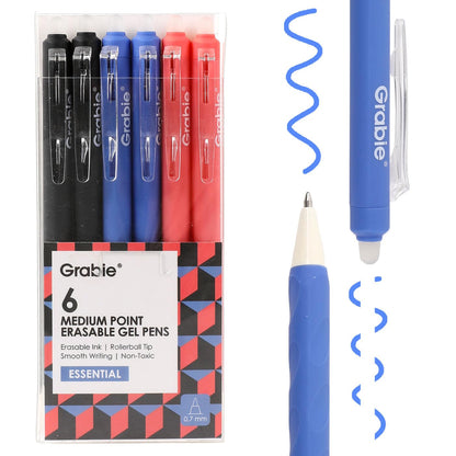 Grabie Erasable Gel Pens, Medium Point 0.7 mm Erasable Pens, Make Mistakes Disappear for Drawing Writing Planner, Pack of 6, Black/Blue/Red