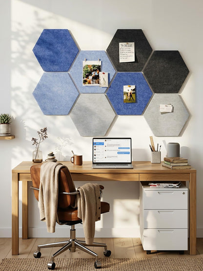 Uoisaiko 8 Pack Hexagon Felt Bulletin Board Tiles - 12" Large Thick Pin Board for Walls with 30 Push Pins, DIY Boards for Office Home School Decor, Aesthetic Hex Cork Board Alternative