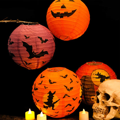12 Pieces Halloween Paper Lanterns Jack O Lantern Pumpkin Hanging Lanterns Spider Bat Skeleton Lanterns for Halloween Indoor Outdoor Party Decoration Supplies, 8 Inches