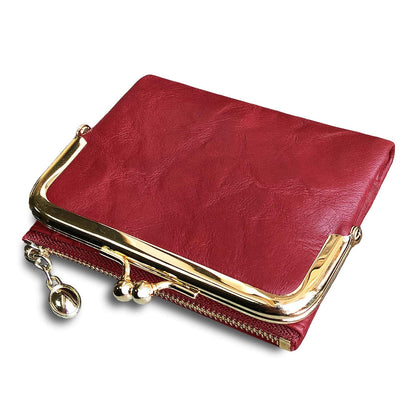 PofeeXIO Womens Wallet RFID Small Compact Bifold Leather Vintage Wallet,Ladies Coin Purse with Zipper and Kiss Lock (Red)