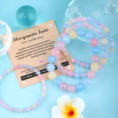 AD Beads 6mm Handmade Morganite Jade Elastic Bracelet – Natural Gemstone for Joy & Positivity – Meditation, Yoga, Healing and Energy Gift for Men Women