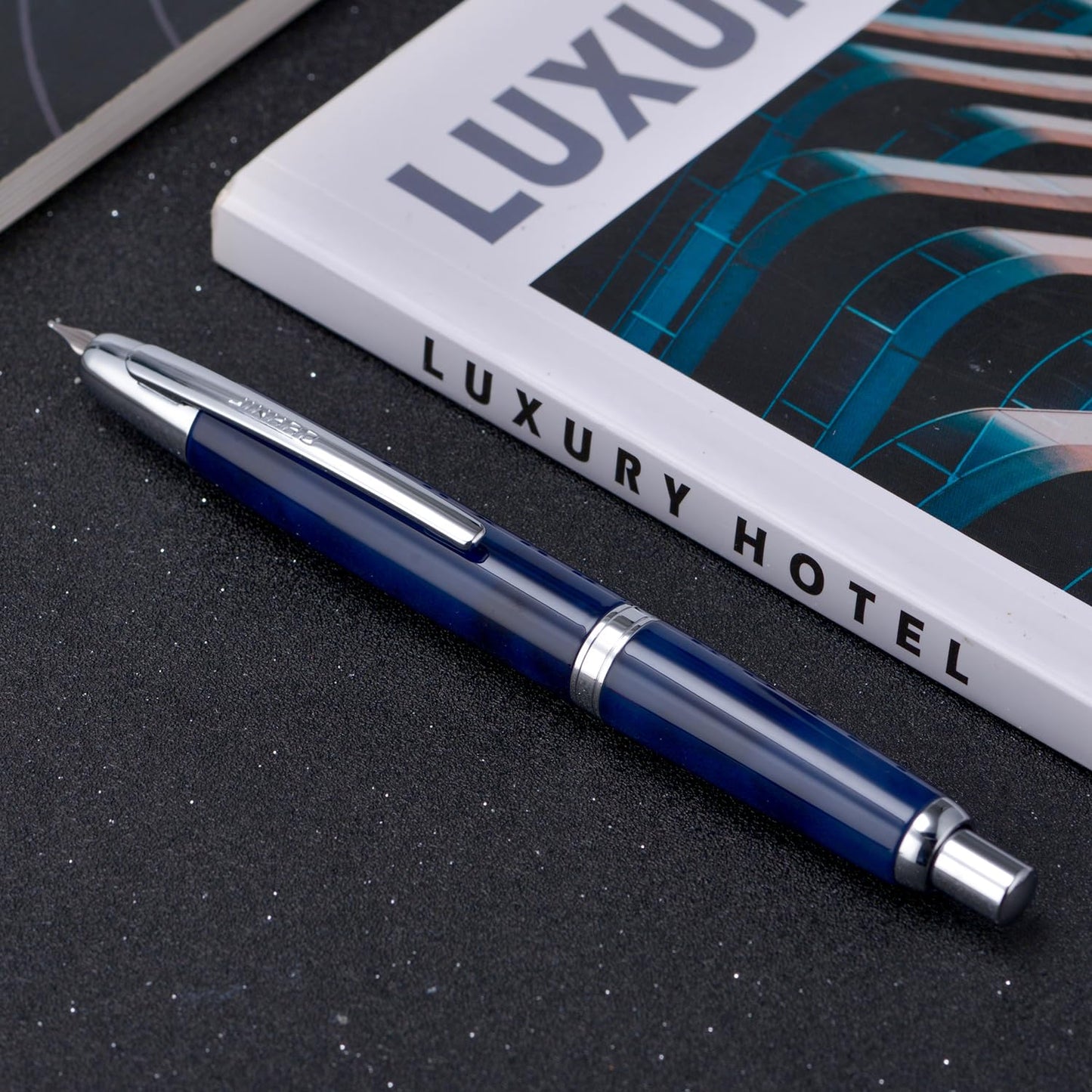 Jinhao 10 Press Fountain Pen with Box, Glacier Blue Retractable Extra Fine Nib with Ink Converter Set (Silver Clip)