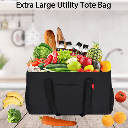 RVSNQ Extra Large Utility Tote Bag, Foldable Reusable Grocery Bags with Metal Wire Frame & Reinforced Bottom Board, Stand Up Large Utility Tote for Shopping, Beach Bag, Laundry, Car (Black)