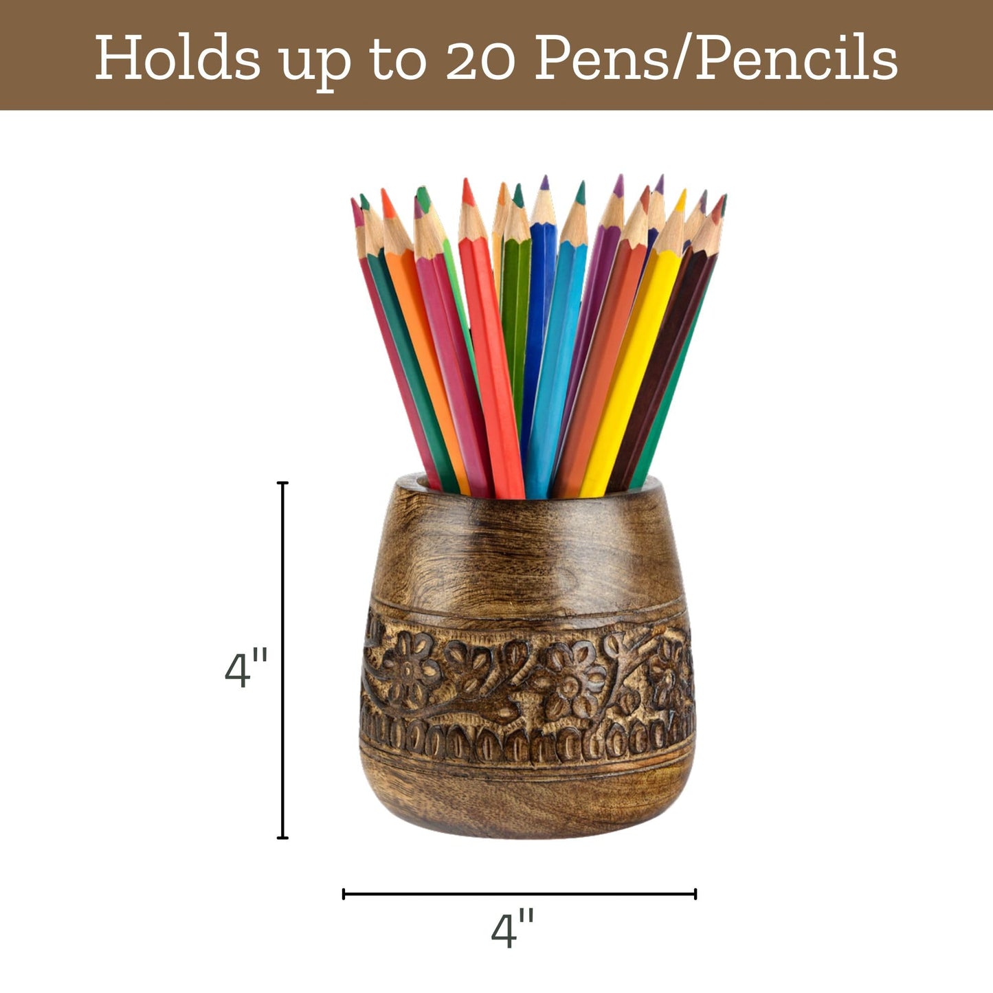 Mie Creations Designer Pencil Holder for Desk Wood | Wooden Pen Stand, Paintbrush Cup, Desk Accessories, Cute Make Up Brush Organizers | Office Desktop Stationery, Christmas Holidays Gift- 4'' Brown