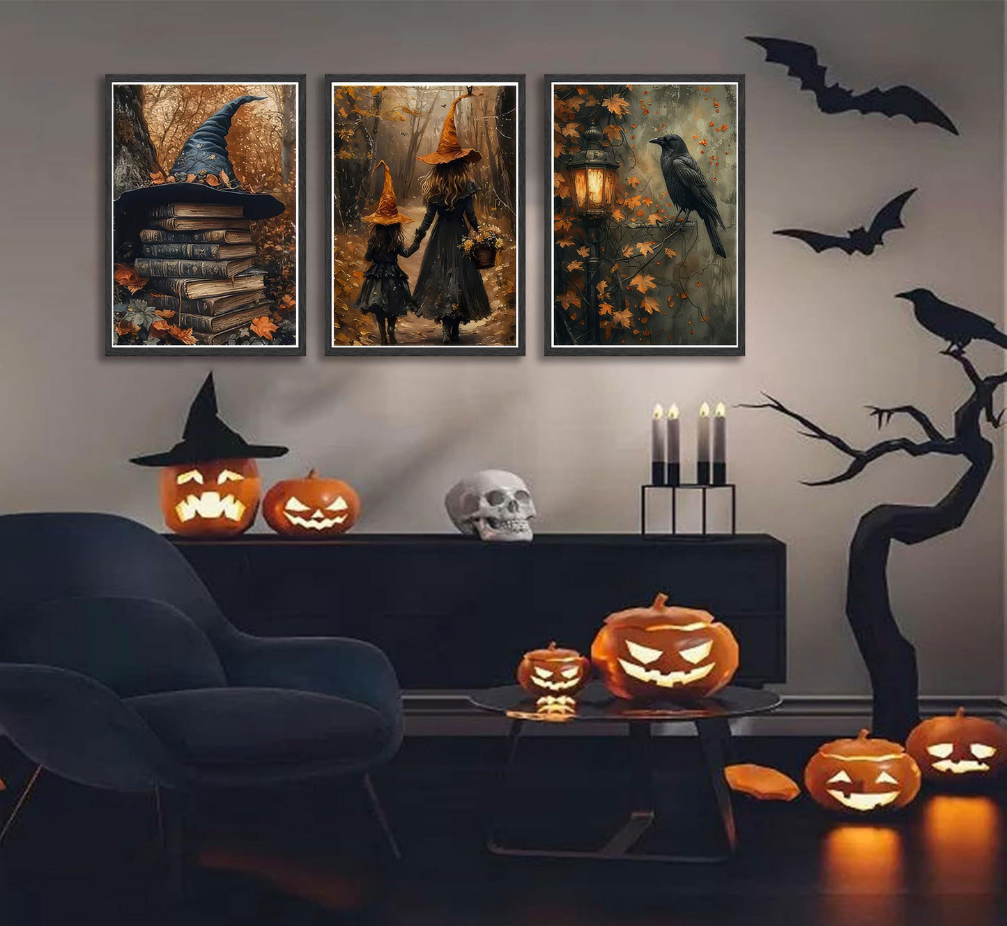 3pcs Halloween Canvas Wall Art Autumn Gothic Witch Books Crow Posters Prints Dark Academia Witch Wall Decor Pictures for Halloween Party House Decoration Unframed