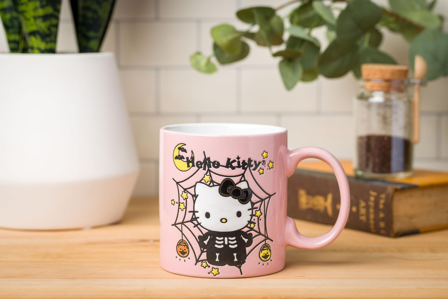 Silver Buffalo Sanrio Hello Kitty Halloween Skeleton Web Wax Resist Ceramic Mug, 20 Ounces