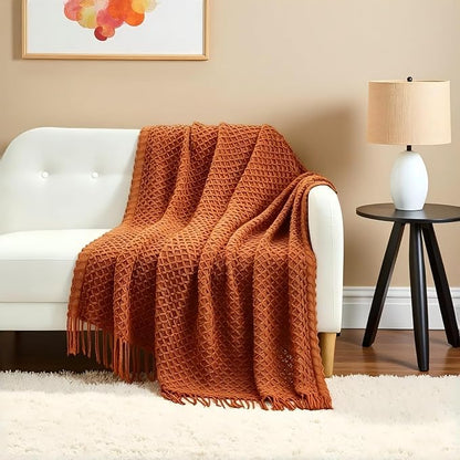 CREVENT Farmhouse Boho Knitted Throw Blanket for Couch Sofa Chair Bed Home Decoration, Soft Warm Cozy Light Weight for Spring Summer Fall (60''X80'' Caramel/Rust Burnt Orange)