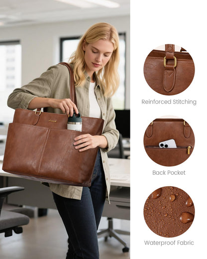 LOVEVOOK Work Tote Bag for Women, Vintage Leather 17.3 Inch Laptop Bags with Large Cup Holder, Teacher Nurse Medical Professional Computer Bag, Office Briefcase Handbag Gift