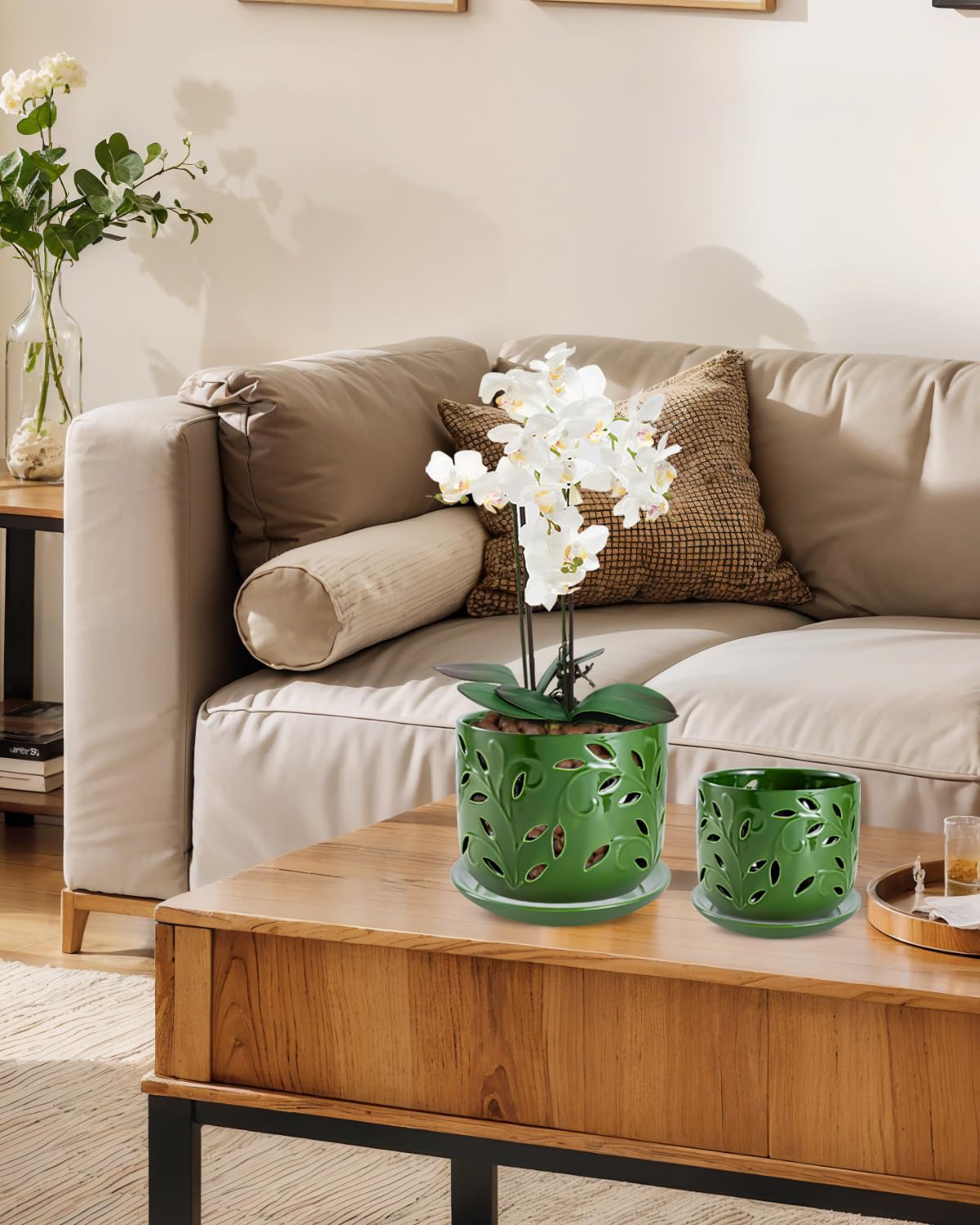 EFISPSS Orchid Pot with Holes, 5+6Inch Ceramic Plant Pots with Drainage Holes and Tray, Promoting Air Circulation and Drainage, Indoor/Outdoor Flower Pots-Green