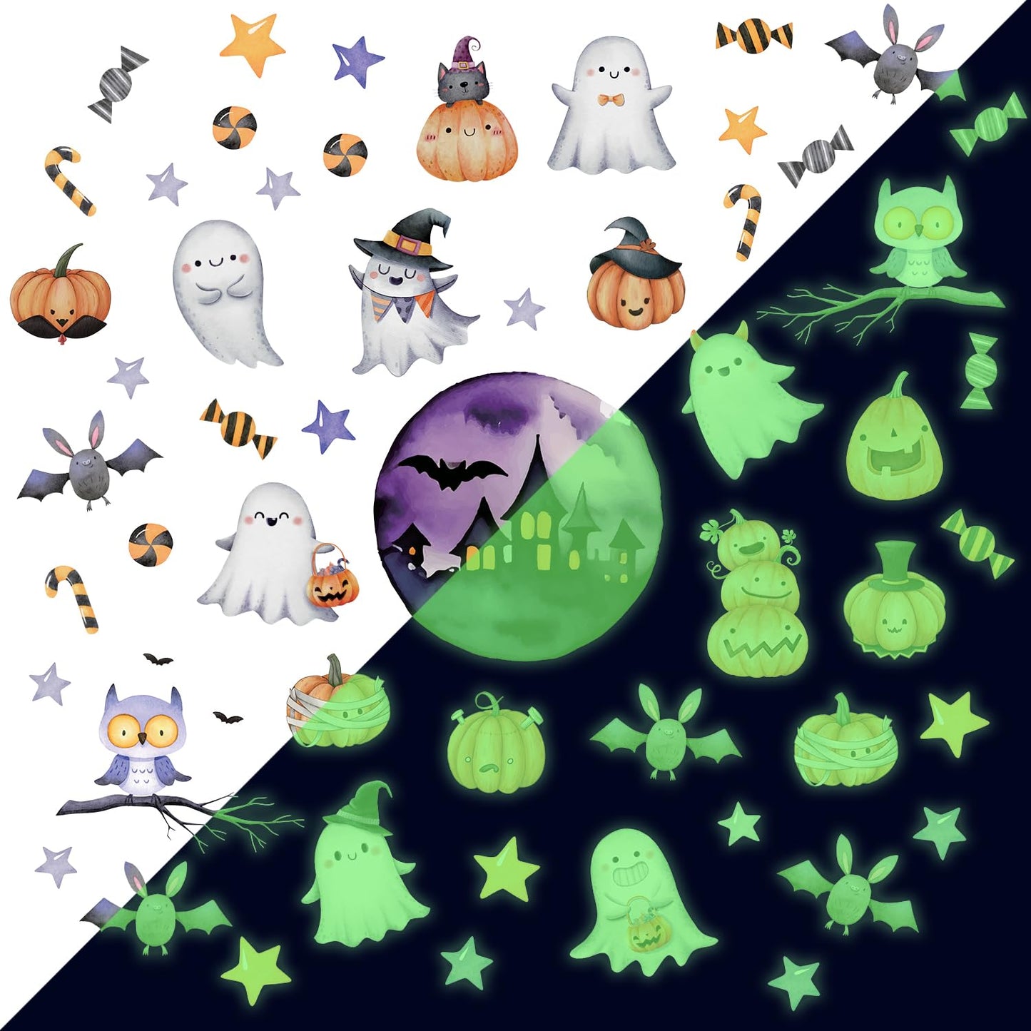TOARTI Halloween Glow in The Dark Window Decal Halloween Luminous Ghost Wall Clings Haunted House Bat Pumpkin Night Glow Decals Scary Halloween Theme Party Decor