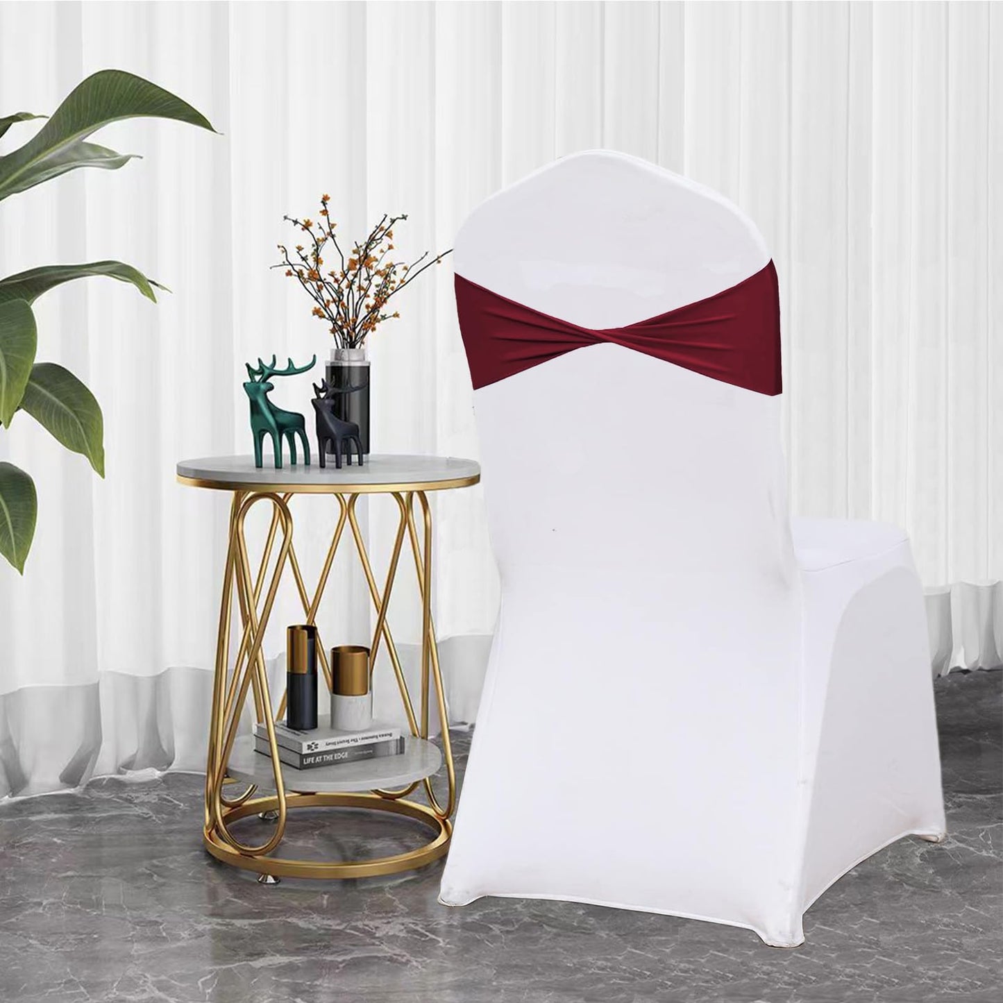 WYFMYD Spandex Burgundy Chair Sashes 50 Pcs Burgundy Sashes Bows Elastic Chair Cover Bands Ties Without Buckle for Wedding Party Events Ceremony Birthday