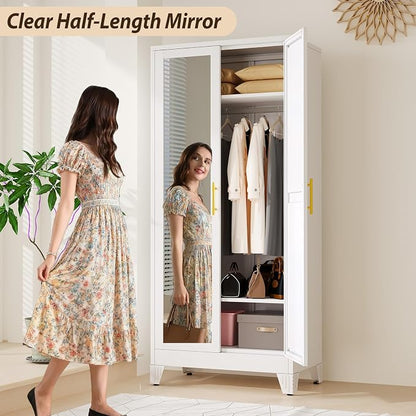 Metal Wardrobe Storage Cabinet with Mirror and Hanging Rod,71'' Metal Clothing Cabinet with 2 Doors and 2 Adjustable Shelves for Bedroom, Laundry Room, Cloak Room (White)