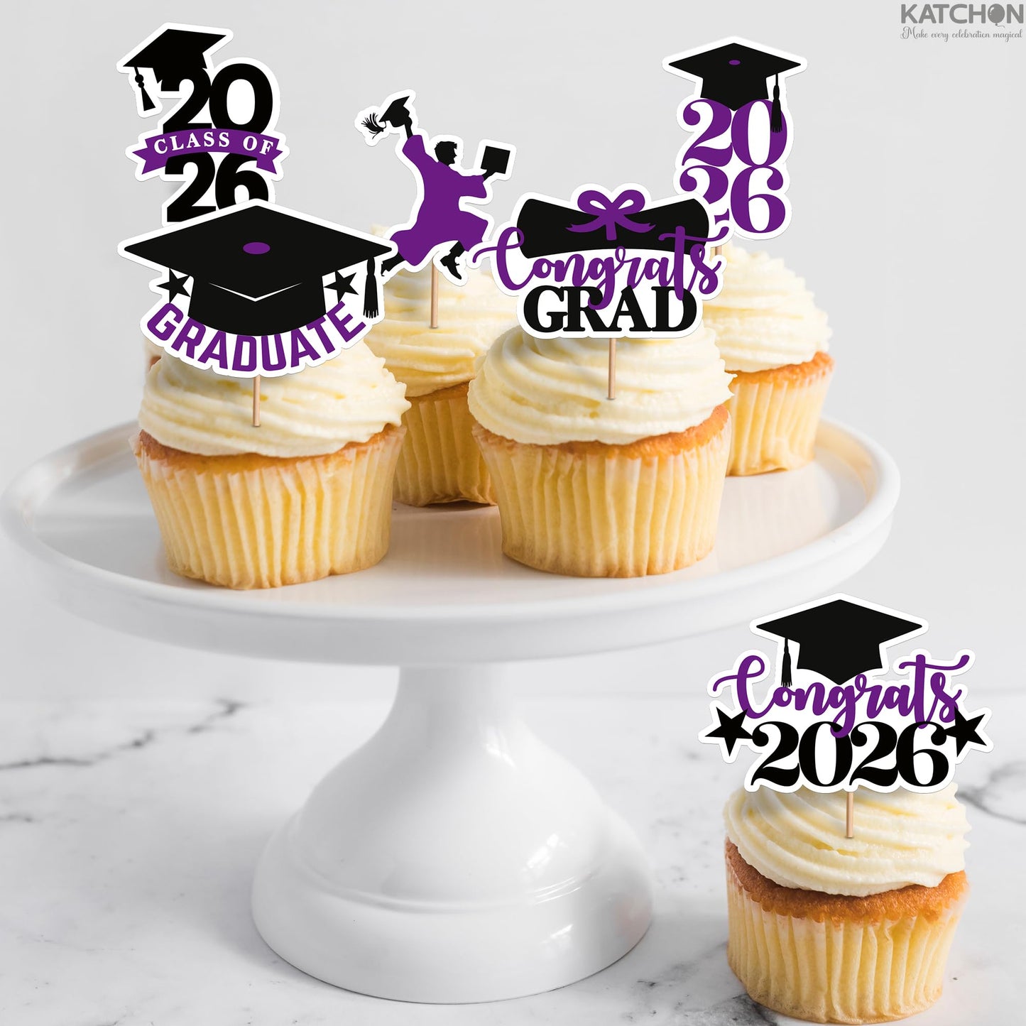 Graduation Decorations 2026 | Purple and Black Graduation Cake Topper 2026 - Pack of 36 | Graduation Cupcake Toppers 2026 for Graduation Decorations 2026, Dessert Toppers Grad, KatchOn